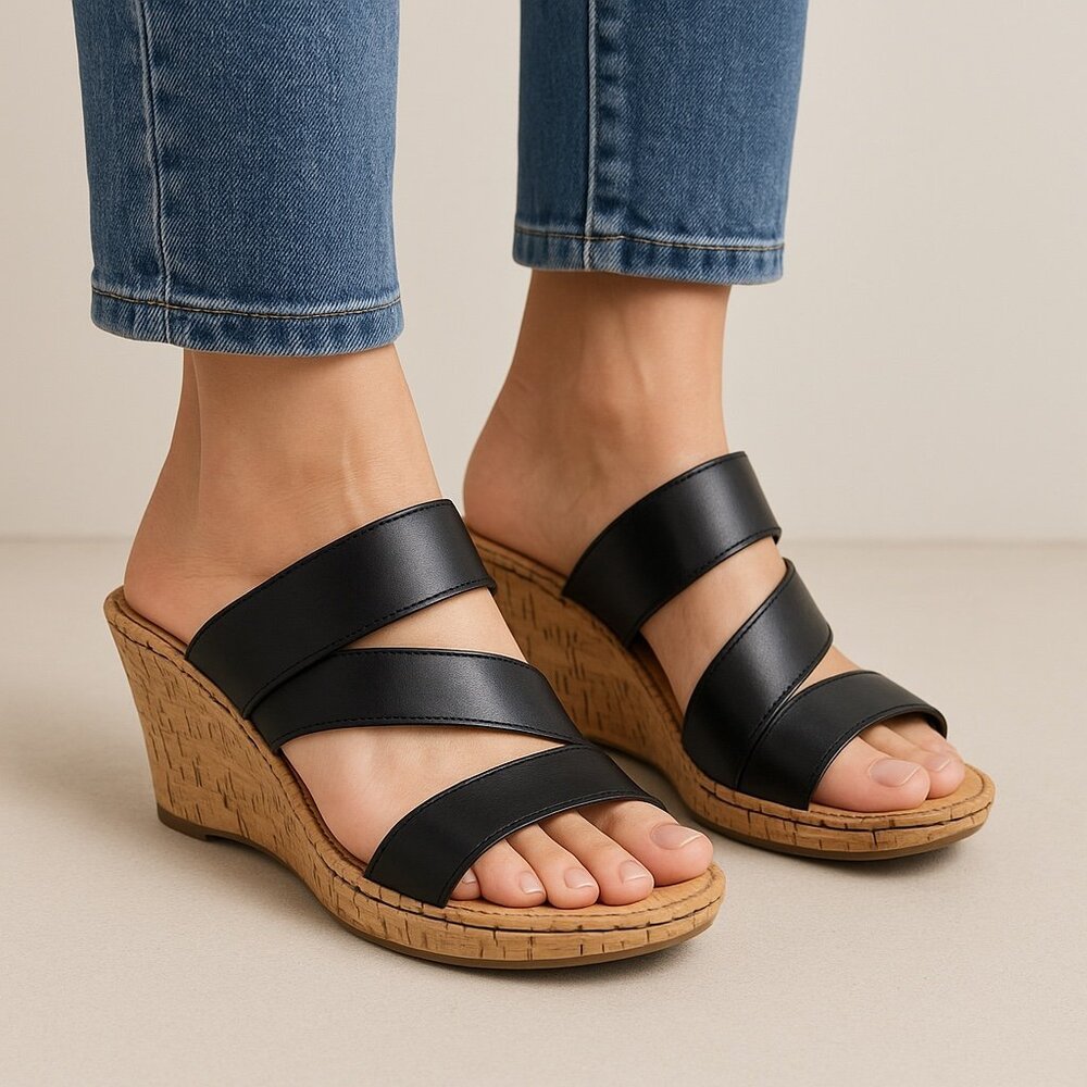 Born Marjoran Black Leather Cork Wedge Sandals Size 10M NEW